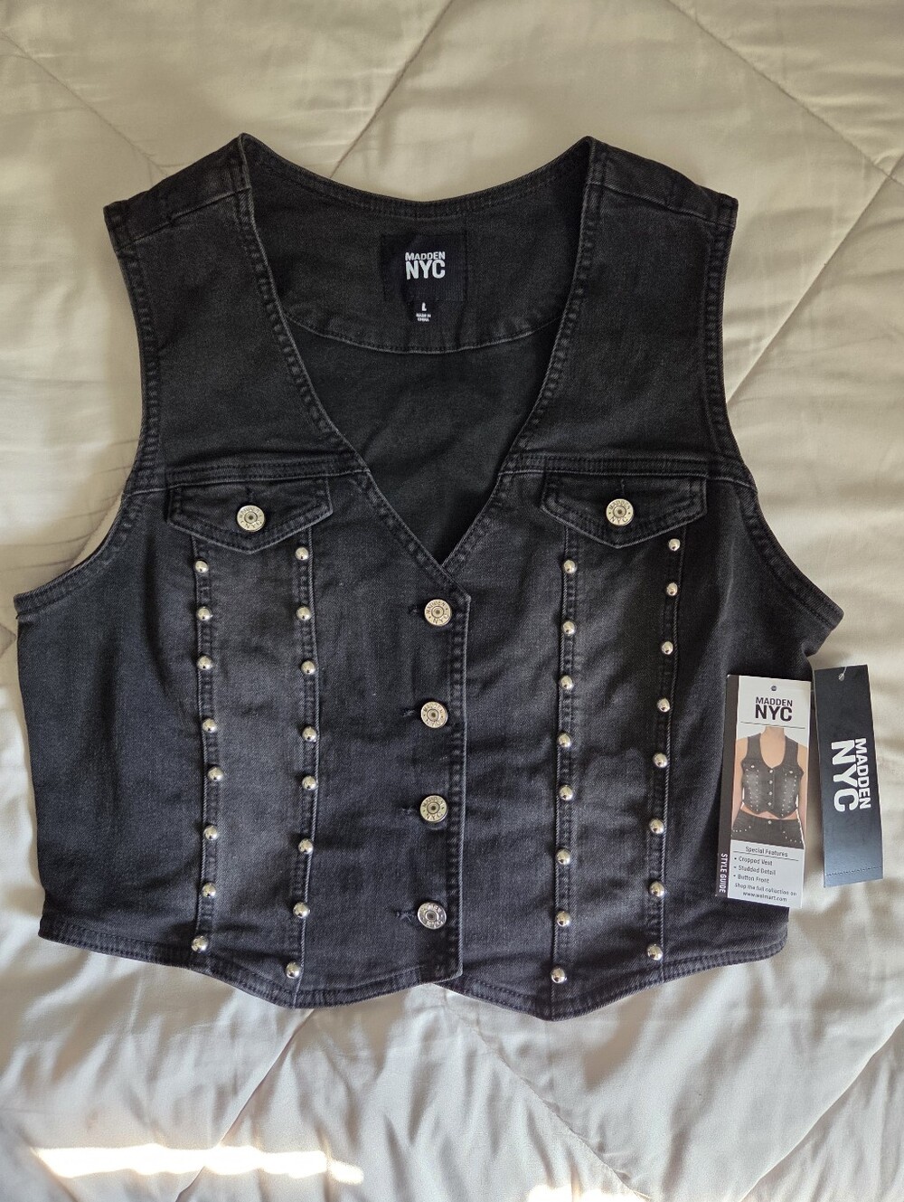Madden NYC Black Studded Denim Vest